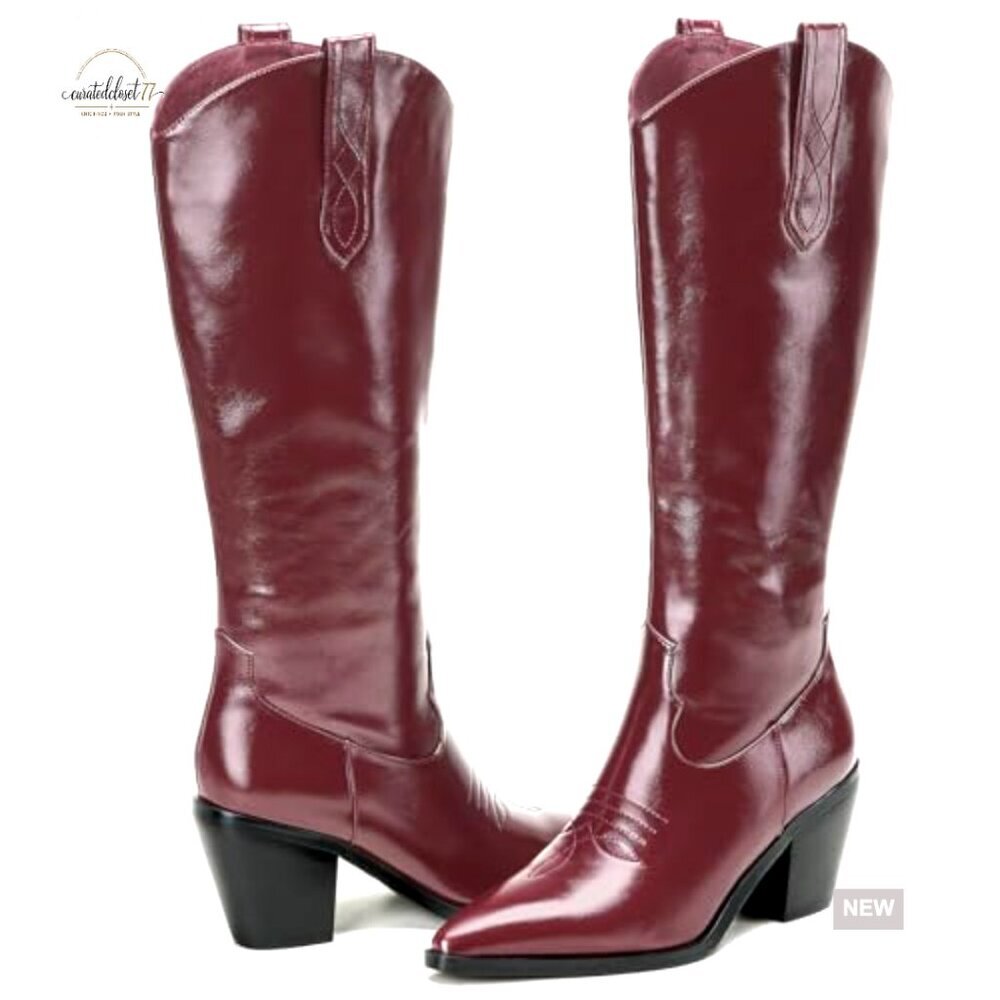 Women's Knee High Cowboy Boots Chunky Heel Side Zipper Western Style - Picture 4 of 7